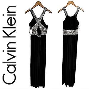 CALVIN KLEIN Black knit Silver sequin Halter Maxi Prom Dress NWT SZ 8